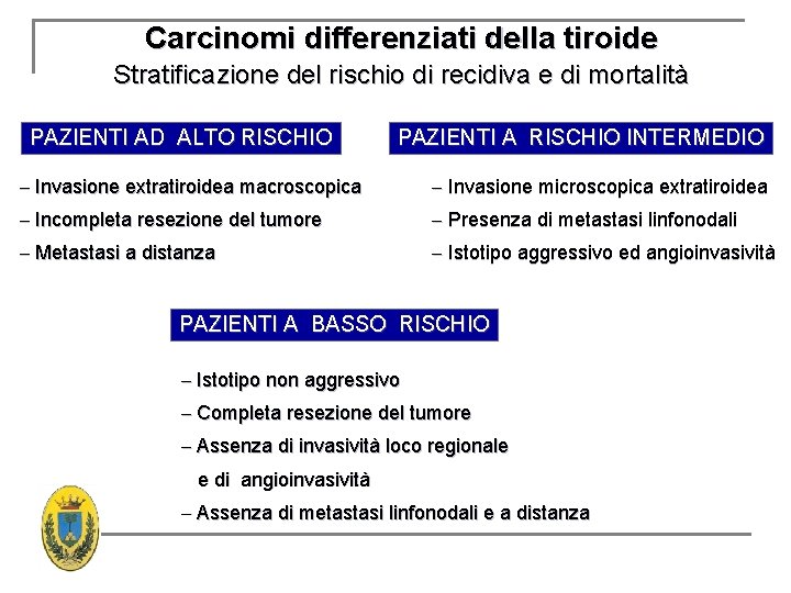 Carcinomi differenziati della tiroide Stratificazione del rischio di recidiva e di mortalità PAZIENTI AD Carcinomi differenziati della tiroide Stratificazione del rischio di recidiva e di mortalità PAZIENTI AD