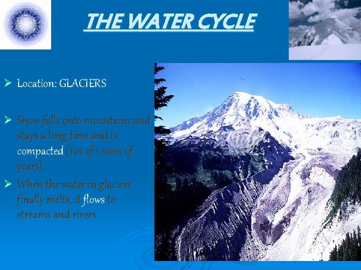 THE WATER CYCLE Ø Ø Location: GLACIERS Snow falls onto mountains and stays a