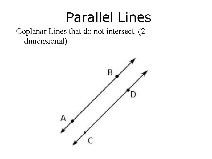 Parallel Lines Coplanar Lines that do not intersect. (2 dimensional) 