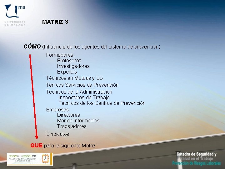 MATRIZ 3 CÓMO (Influencia de los agentes del sistema de prevención) Formadores Profesores Investigadores