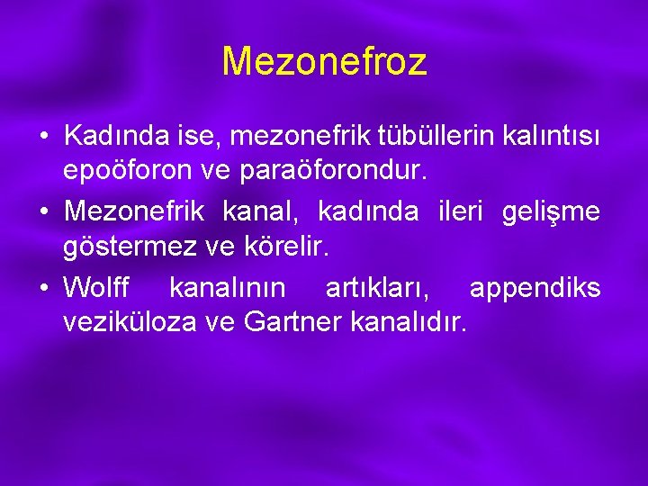 Mezonefroz • Kadında ise, mezonefrik tübüllerin kalıntısı epoöforon ve paraöforondur. • Mezonefrik kanal, kadında