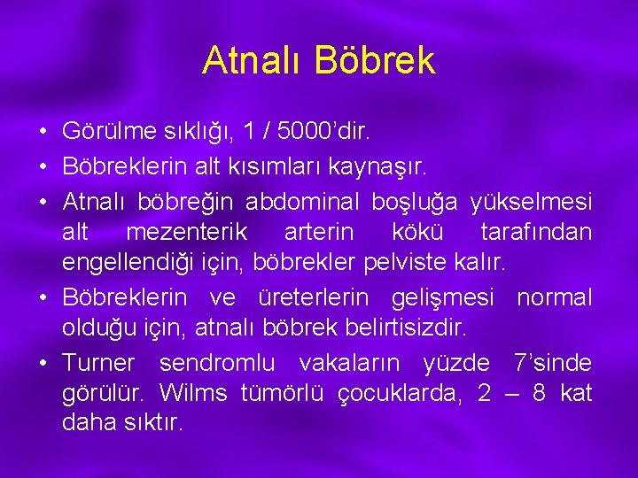 Atnalı Böbrek • Görülme sıklığı, 1 / 5000’dir. • Böbreklerin alt kısımları kaynaşır. •