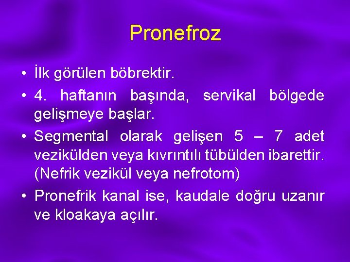 Pronefroz • İlk görülen böbrektir. • 4. haftanın başında, servikal bölgede gelişmeye başlar. •