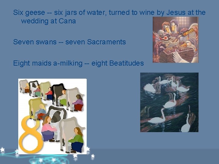 Six geese -- six jars of water, turned to wine by Jesus at the Six geese -- six jars of water, turned to wine by Jesus at the