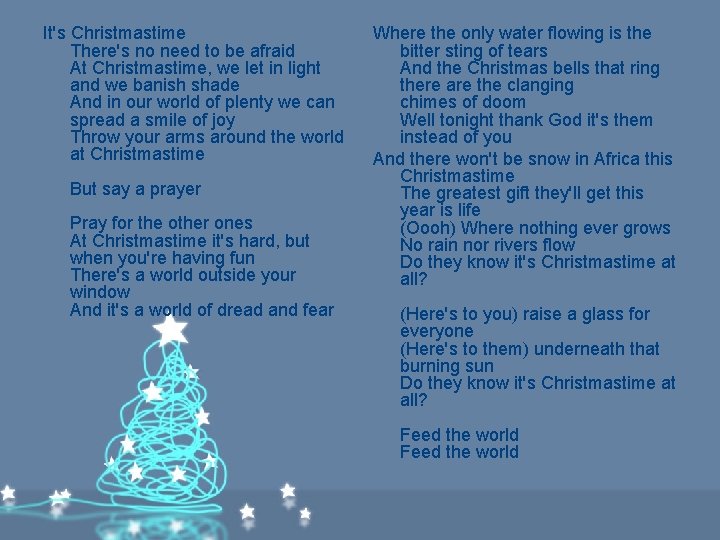 It's Christmastime There's no need to be afraid At Christmastime, we let in light It's Christmastime There's no need to be afraid At Christmastime, we let in light