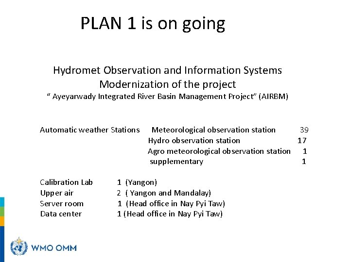 PLAN 1 is on going Hydromet Observation and Information Systems Modernization of the project