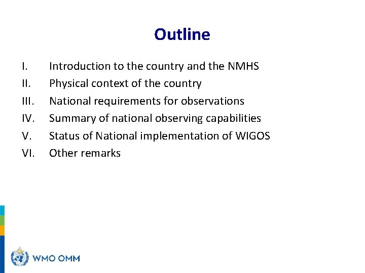 Outline I. III. IV. V. VI. Introduction to the country and the NMHS Physical