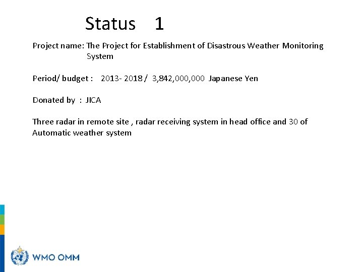 Status 1 Project name: The Project for Establishment of Disastrous Weather Monitoring System Period/