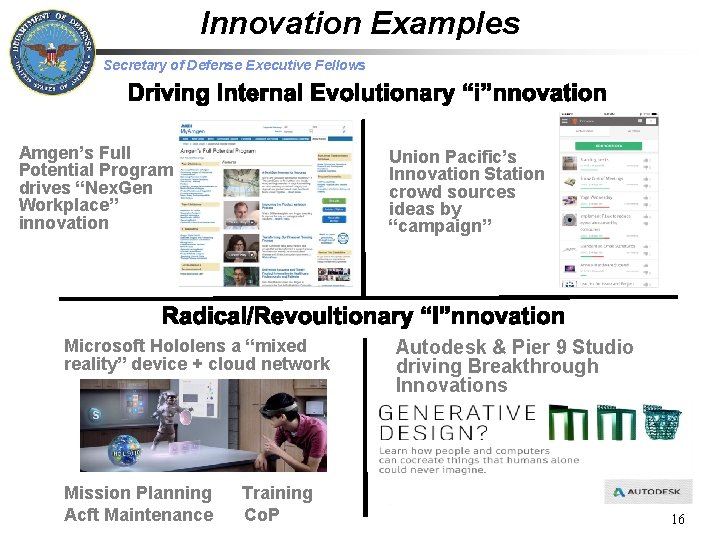 Innovation Examples Secretary of Defense Executive Fellows Amgen’s Full Potential Program drives “Nex. Gen
