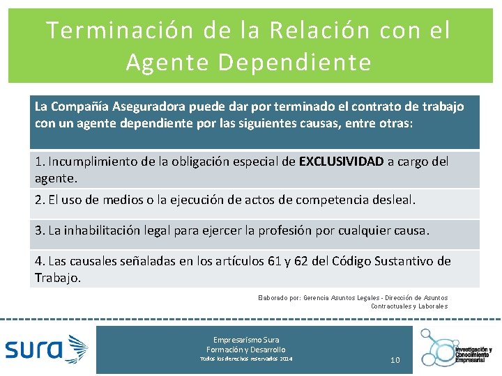 Terminación de la Relación con el Agente Dependiente La Compañía Aseguradora puede dar por