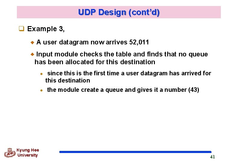 UDP Design (cont’d) q Example 3, A user datagram now arrives 52, 011 Input