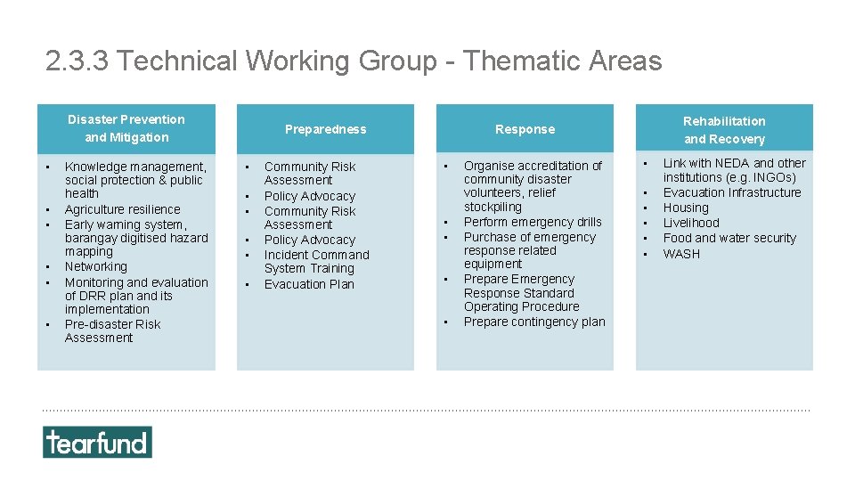 2. 3. 3 Technical Working Group - Thematic Areas Disaster Prevention and Mitigation •