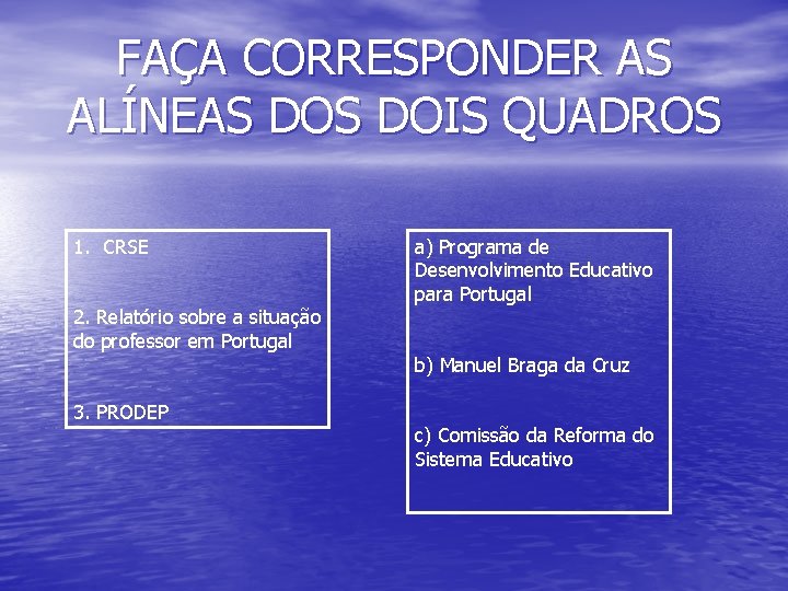 FAÇA CORRESPONDER AS ALÍNEAS DOIS QUADROS 1. CRSE 2. Relatório sobre a situação do