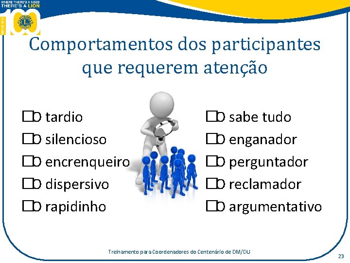 Comportamentos dos participantes que requerem atenção �O tardio �O silencioso �O encrenqueiro �O dispersivo