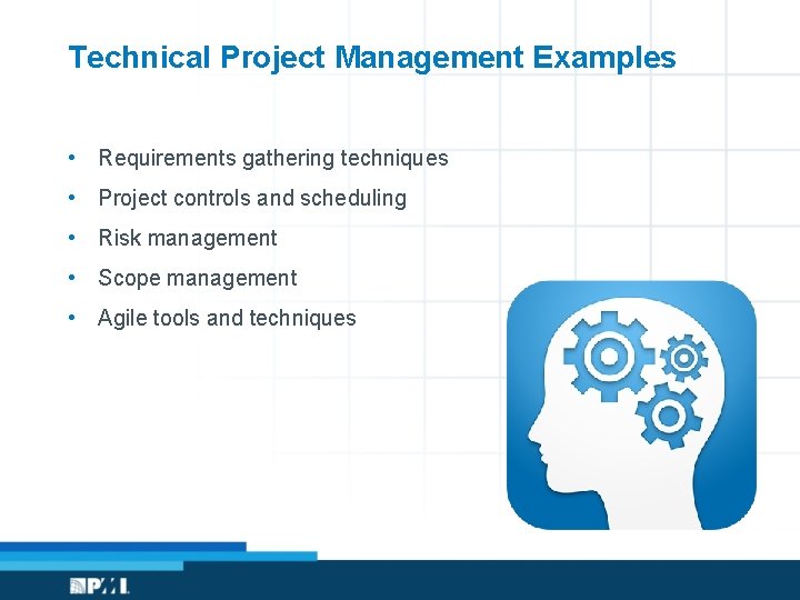 Technical Project Management Examples • Requirements gathering techniques • Project controls and scheduling •