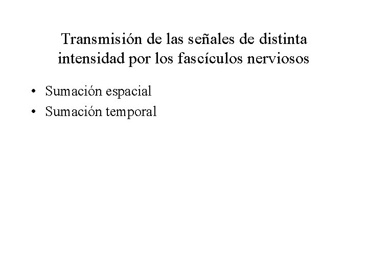 Transmisión de las señales de distinta intensidad por los fascículos nerviosos • Sumación espacial