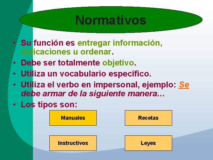 Normativos • Su función es entregar información, indicaciones u ordenar. • Debe ser totalmente