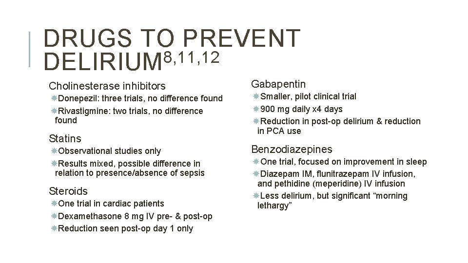 DRUGS TO PREVENT 8, 11, 12 DELIRIUM Cholinesterase inhibitors Donepezil: three trials, no difference DRUGS TO PREVENT 8, 11, 12 DELIRIUM Cholinesterase inhibitors Donepezil: three trials, no difference