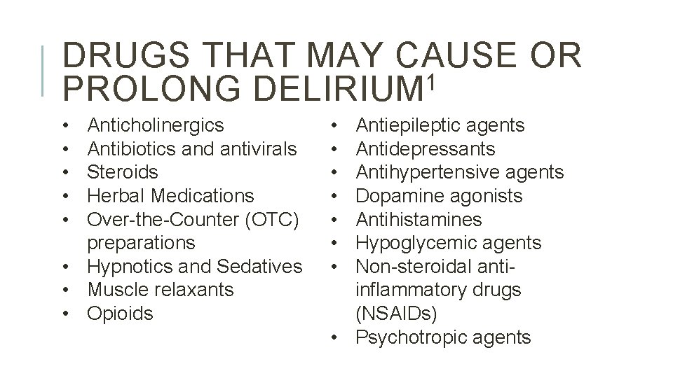 DRUGS THAT MAY CAUSE OR 1 PROLONG DELIRIUM • • • Anticholinergics Antibiotics and DRUGS THAT MAY CAUSE OR 1 PROLONG DELIRIUM • • • Anticholinergics Antibiotics and