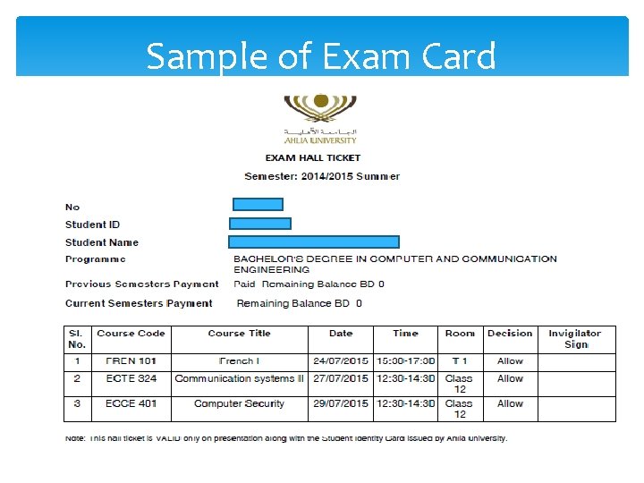 Sample of Exam Card Sample of Exam Card