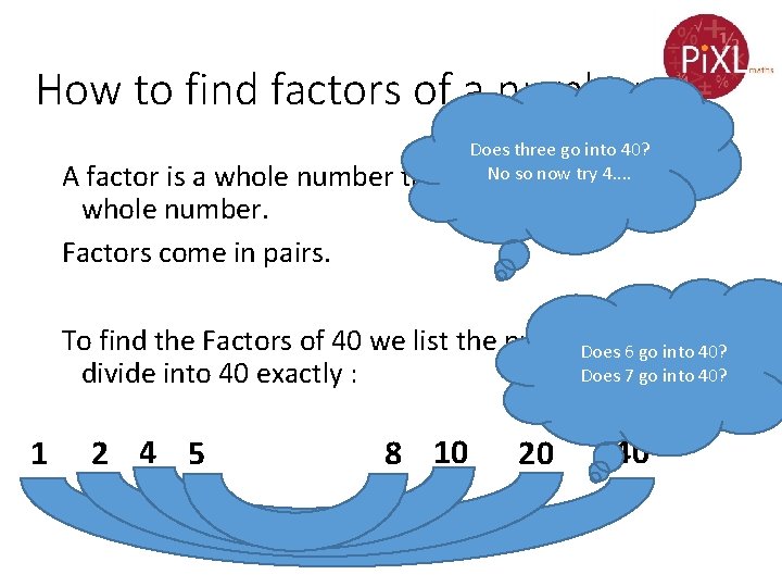 How to find factors of a number A factor is a whole number that