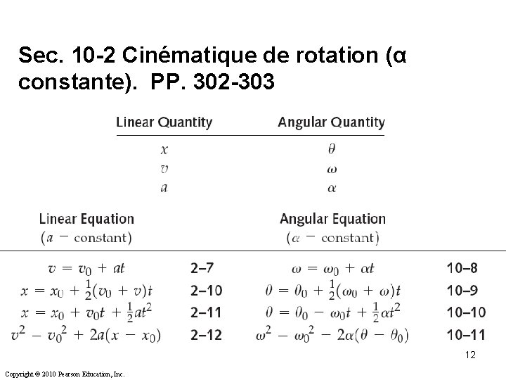 Sec. 10 -2 Cinématique de rotation (α constante). PP. 302 -303 12 Copyright © Sec. 10 -2 Cinématique de rotation (α constante). PP. 302 -303 12 Copyright ©