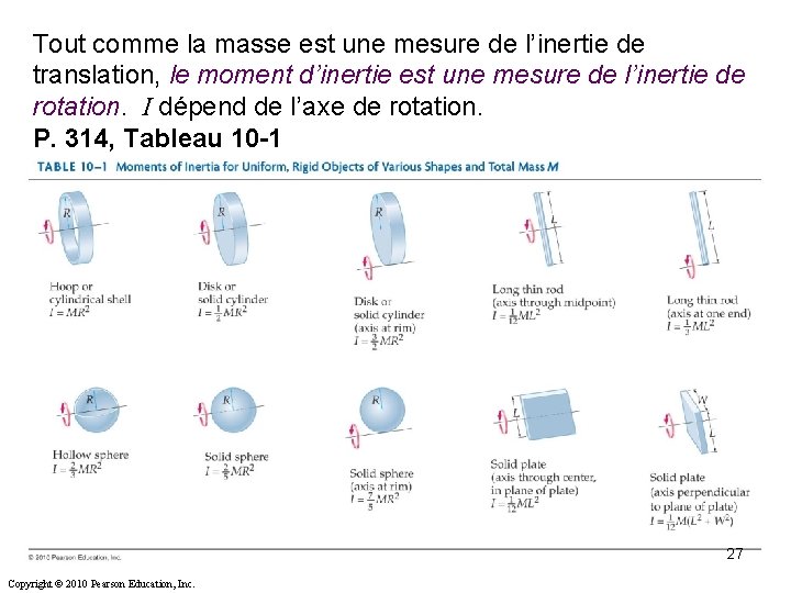 Tout comme la masse est une mesure de l’inertie de translation, le moment d’inertie Tout comme la masse est une mesure de l’inertie de translation, le moment d’inertie