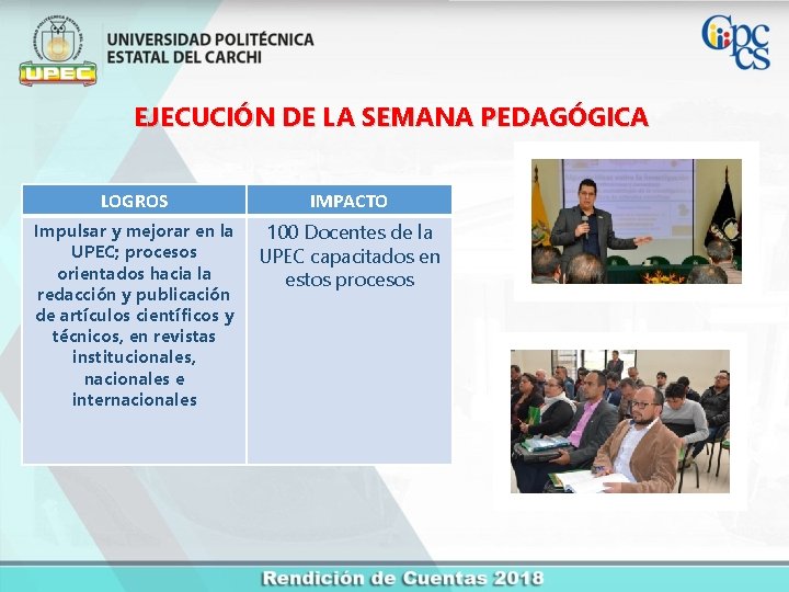 EJECUCIÓN DE LA SEMANA PEDAGÓGICA LOGROS IMPACTO Impulsar y mejorar en la UPEC; procesos
