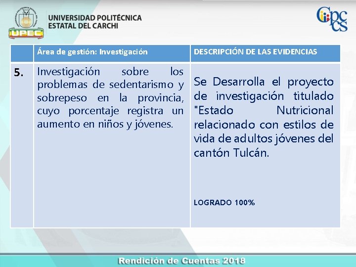 Área de gestión: Investigación 5. Investigación sobre los problemas de sedentarismo y sobrepeso en