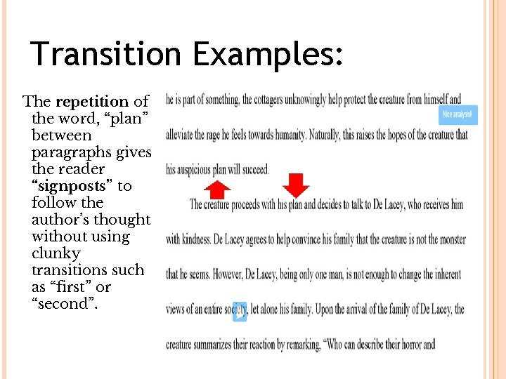 Transition Examples: The repetition of the word, “plan” between paragraphs gives the reader “signposts” Transition Examples: The repetition of the word, “plan” between paragraphs gives the reader “signposts”