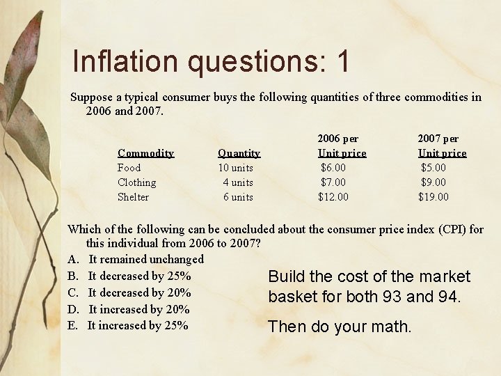 Inflation questions: 1 Suppose a typical consumer buys the following quantities of three commodities