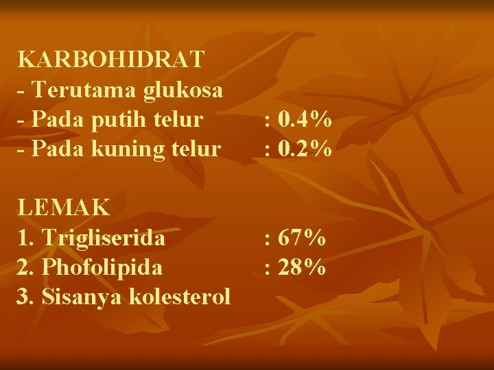 KARBOHIDRAT - Terutama glukosa - Pada putih telur - Pada kuning telur LEMAK 1.