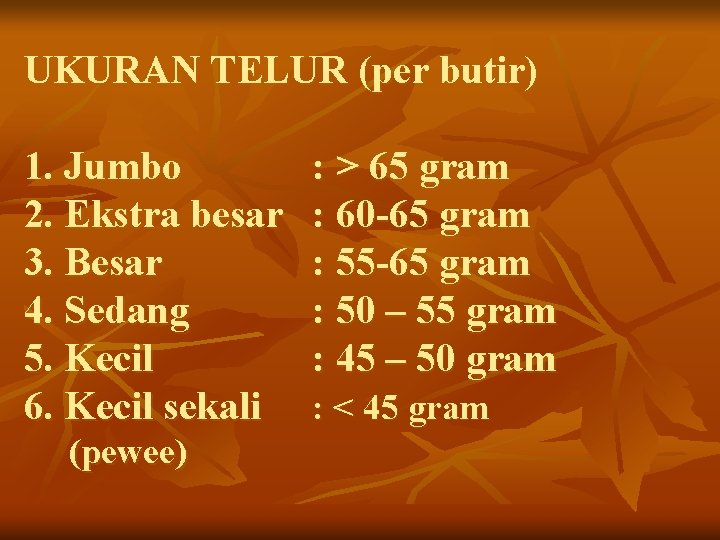 UKURAN TELUR (per butir) 1. Jumbo 2. Ekstra besar 3. Besar 4. Sedang 5.