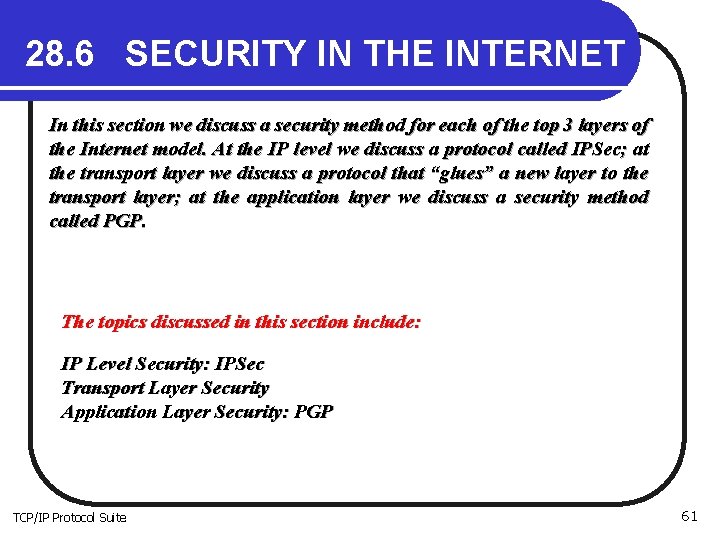 28. 6 SECURITY IN THE INTERNET In this section we discuss a security method