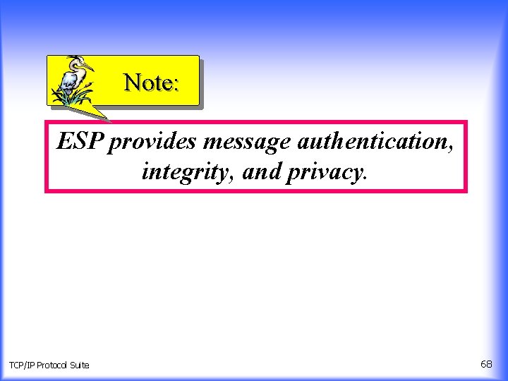 Note: ESP provides message authentication, integrity, and privacy. TCP/IP Protocol Suite 68 