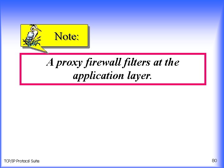 Note: A proxy firewall filters at the application layer. TCP/IP Protocol Suite 80 