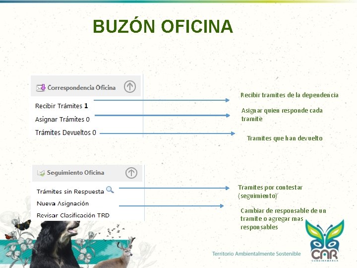 BUZÓN OFICINA Recibir tramites de la dependencia Asignar quien responde cada tramite Tramites que