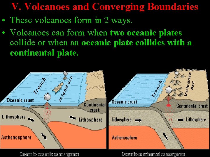 V. Volcanoes and Converging Boundaries • These volcanoes form in 2 ways. • Volcanoes
