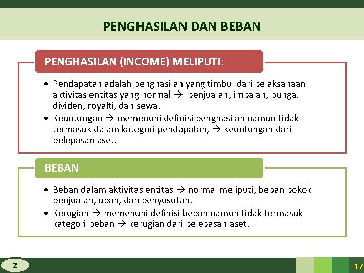 PENGHASILAN DAN BEBAN PENGHASILAN (INCOME) MELIPUTI: • Pendapatan adalah penghasilan yang timbul dari pelaksanaan