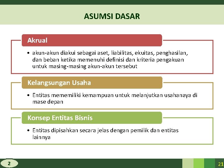 ASUMSI DASAR Akrual • akun-akun diakui sebagai aset, liabilitas, ekuitas, penghasilan, dan beban ketika