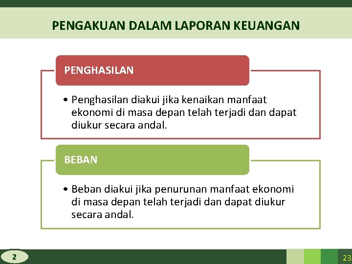 PENGAKUAN DALAM LAPORAN KEUANGAN PENGHASILAN • Penghasilan diakui jika kenaikan manfaat ekonomi di masa