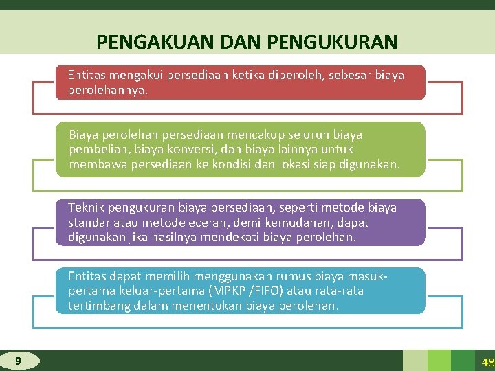 PENGAKUAN DAN PENGUKURAN Entitas mengakui persediaan ketika diperoleh, sebesar biaya perolehannya. Biaya perolehan persediaan