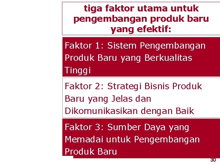 tiga faktor utama untuk pengembangan produk baru yang efektif: Faktor 1: Sistem Pengembangan Produk