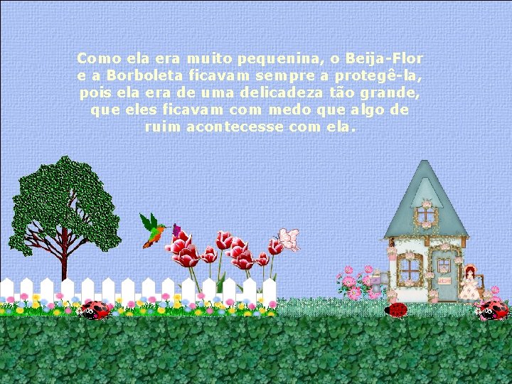 Como ela era muito pequenina, o Beija-Flor e a Borboleta ficavam sempre a protegê-la,