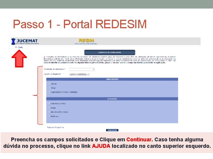 Passo 1 - Portal REDESIM Preencha os campos solicitados e Clique em Continuar. Caso