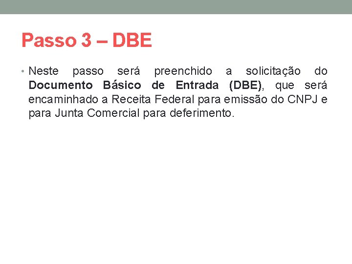 Passo 3 – DBE • Neste passo será preenchido a solicitação do Documento Básico