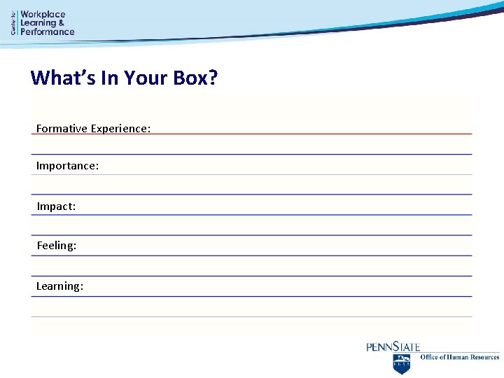 What’s In Your Box? Formative Experience: Importance: Impact: Feeling: Learning: 