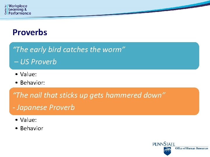 Proverbs “The early bird catches the worm” – US Proverb • Value: • Behavior: