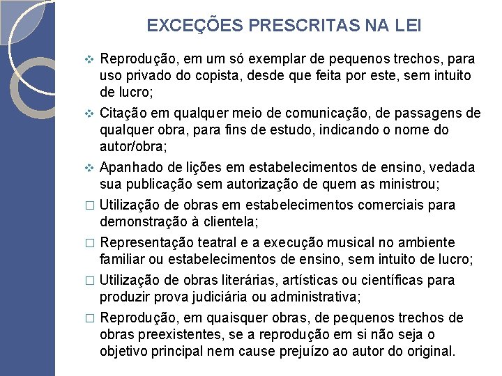 EXCEÇÕES PRESCRITAS NA LEI Reprodução, em um só exemplar de pequenos trechos, para uso