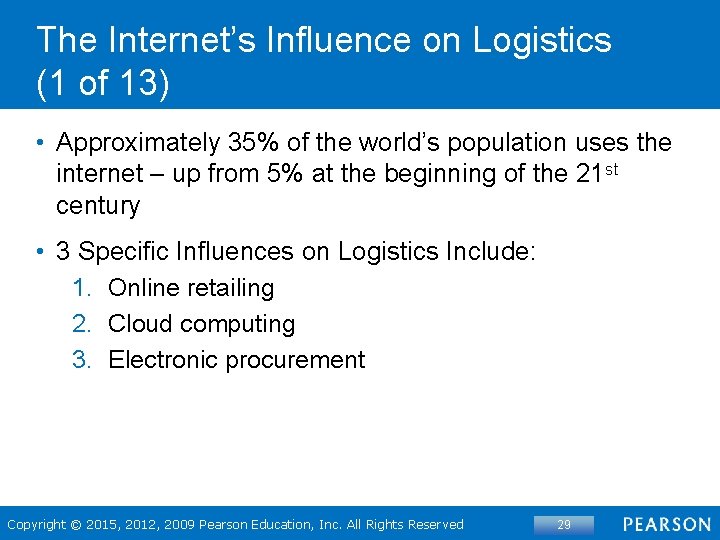 The Internet’s Influence on Logistics (1 of 13) • Approximately 35% of the world’s